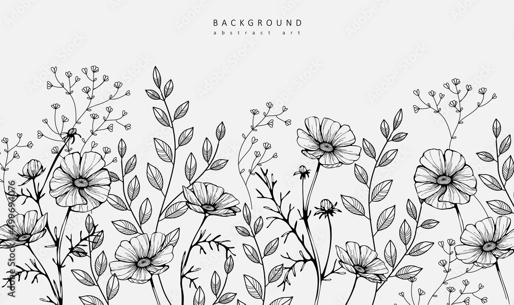 Luxury botanical background with trendy wildflowers and minimalist flowers for wall decoration or wedding. Hand drawn line herb, elegant leaves for invitation save the date card. Botanical rustic  - obrazy, fototapety, plakaty 