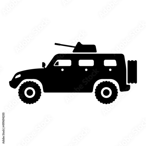 Armored car icon. Armored personnel carrier. SUV. Black silhouette. Side view. Vector simple flat graphic illustration. Isolated object on a white background. Isolate.