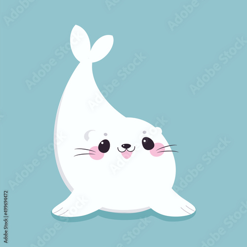 Cute Seal with White Fur Smiling on Blue Background Vector Illustration