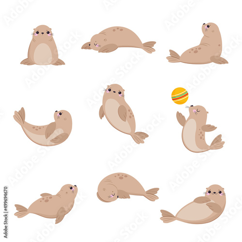 Cute Seal with Beige Fur and Fins Swimming and Playing Ball Vector Set