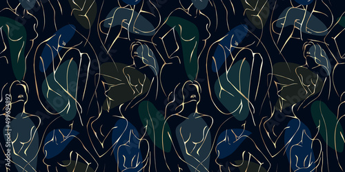 Vector seamless pattern with woman in minimal linear style Fashion illustration by femininity, beauty and modern art. Abstract poster and t-shirt print Vector