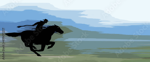An illustration of a pony express rider with a background depicting flat land, mountain and sky