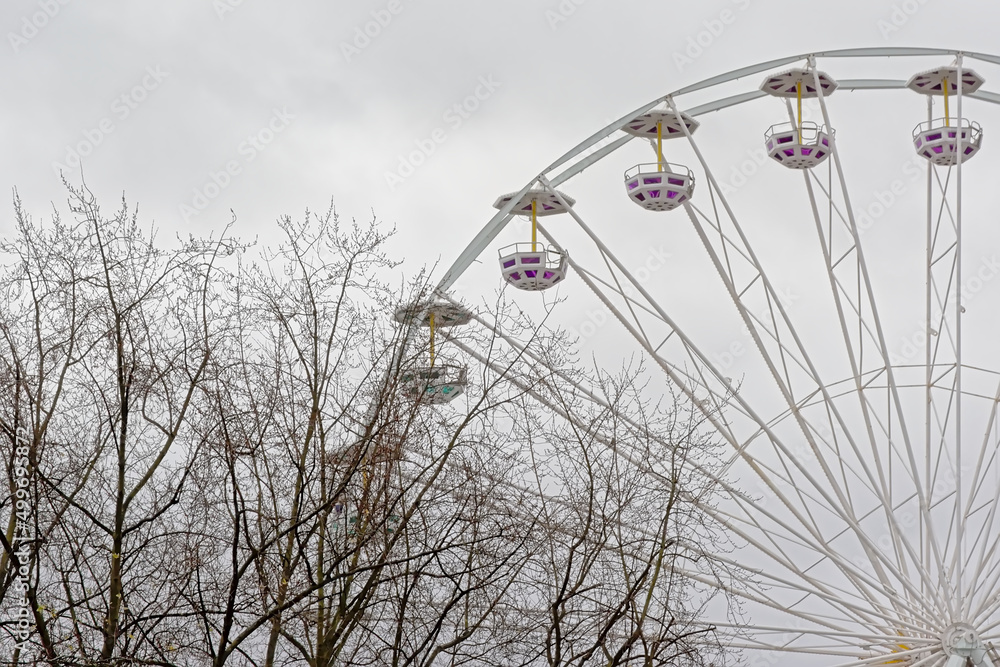 detail of a feriris wheel above a bare tree on a cloudy sky detail of a feriris wheel above a bare tree on a cloudy sky