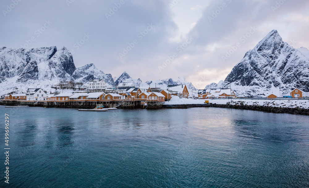 Panorama of Sakrisoy fishing village in the Lofoten archipelago in Norway