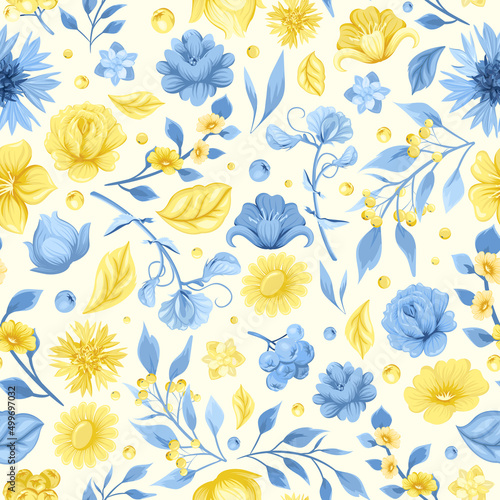 Seamless pattern with folk Ukrainian flowers and ornaments
