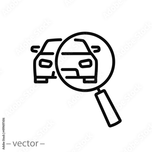 technical inspection car icon, magnifying glass with vehicle, auto search, thin line symbol on white background - editable stroke vector illustration