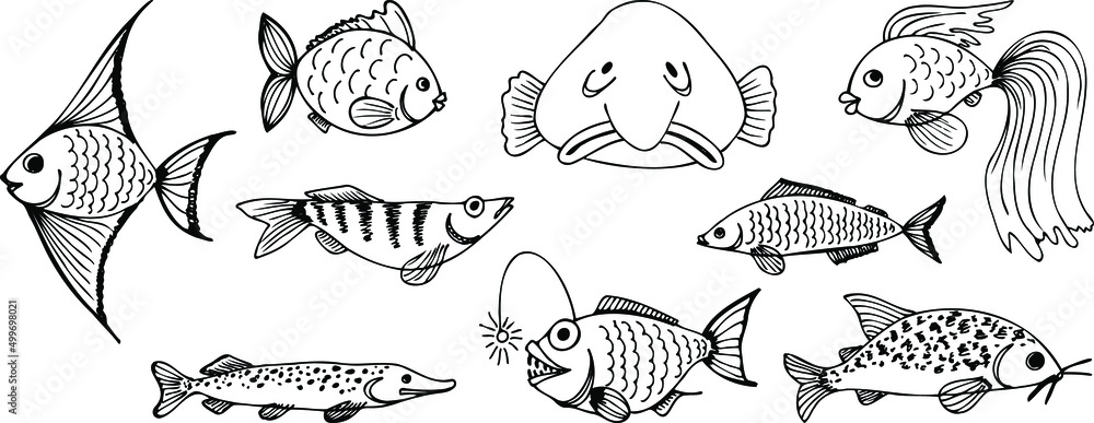 Set of vector illustrations. Abstract Fish.