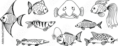 Set of vector illustrations. Abstract Fish.