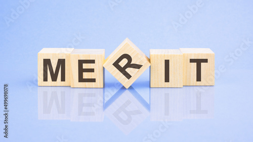 Bilde på lerret merit - text on wooden blocks, business concept, blue background