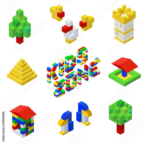 A set of figures for the children area from multi-colored plastic blocks in the isometric style for printing, games and education. Vector illustration.