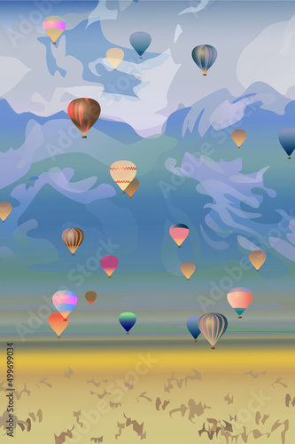 Vector image, festival of hot air balloons in the mountains