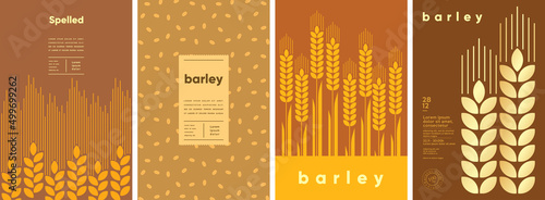 Barley. Spelled. Set of vector illustrations. Label design, price tag, cover design. Backgrounds and patterns.