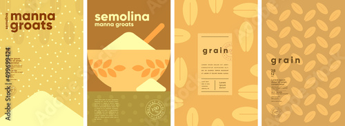 Manna groats. Semolina. Set of vector illustrations. Label design, price tag, cover design. Backgrounds and patterns.