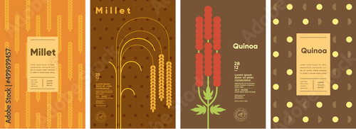 Quinoa. Millet. Set of vector illustrations. Label design, price tag, cover design. Backgrounds and patterns.