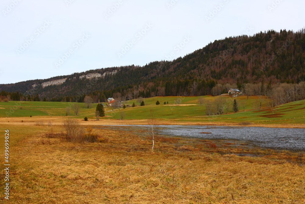 View on the park of the Rousses Lake in Les Rousses in the  Jura department