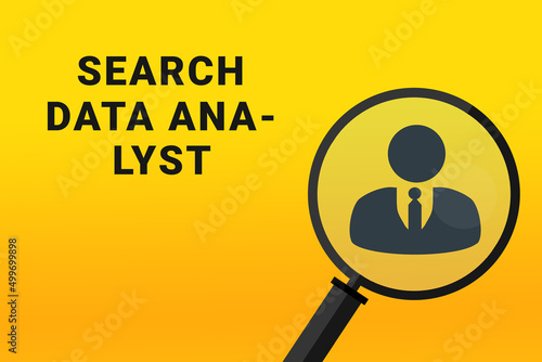 Data Analyst career. Build a career concept. Data Analyst working. Data Analyst career text on yellow background. Loupe symbolizes job search. Wallpapers on theme jobs.