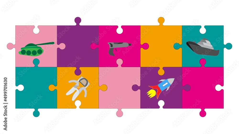 Colored children's puzzles depicting a tank, a blazer pistol, an astronaut, a rocket, a ship. School drawing.