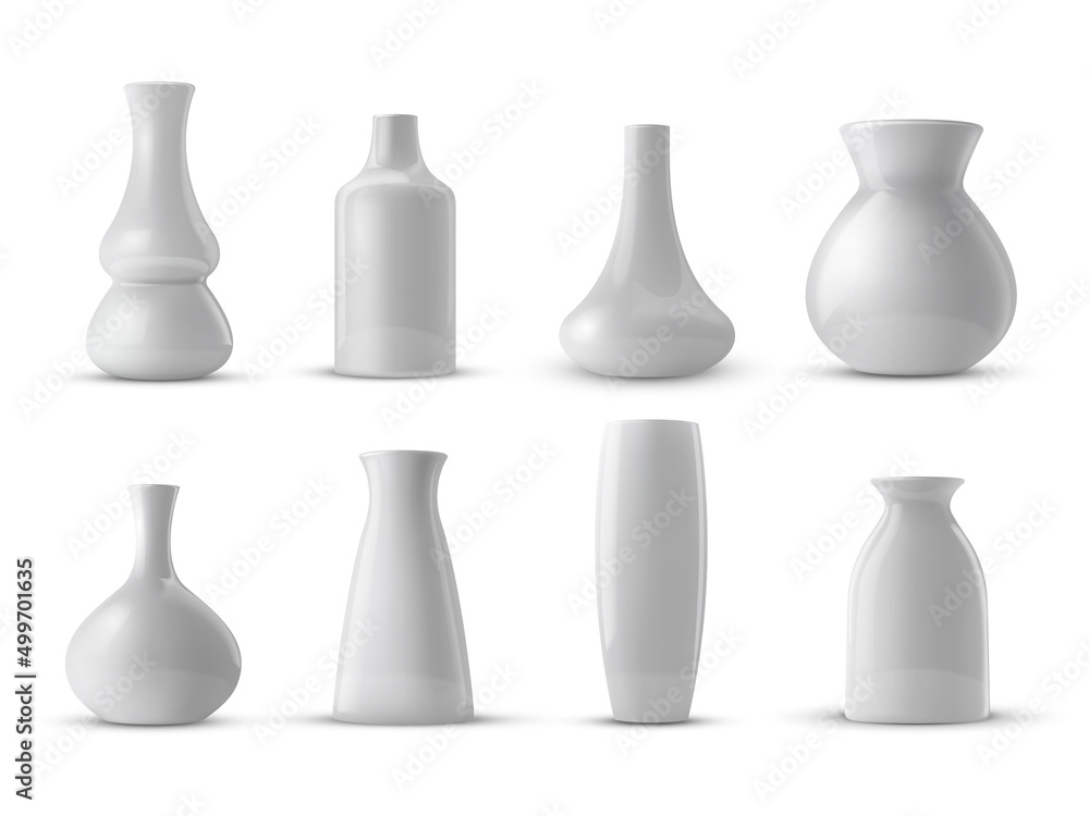 Realistic collection of white ceramic porcelain vase. 3d ceramic glossy pot set. Realistic collection of white ceramic porcelain vase. 3d ceramic glossy pot set.