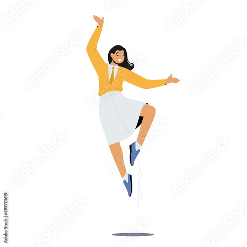 Cheerful Office Employees Jump. Happy Female Character in Company Uniform Jumping with Raised Hands, Positive Woman