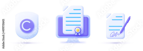 Copyrighting in 3d style on white background. Vector certificate icon. Realistic 3d symbol. Creative concept. Vector set illustration