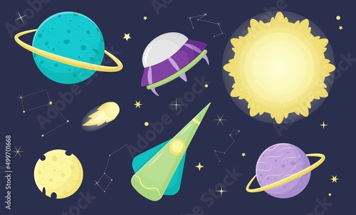 Vector space design kit. Vector space collection for design. Space exploration. Planets, spacecraft, constellation, stars. A galactic adventure. Sun, Jupiter, moon. Simple cartoon style