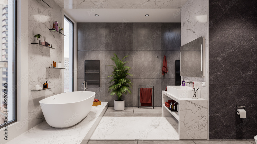 Residential interior of modern bathroom in luxury mansion, 3d rendering Stock Photo | Adobe Stock