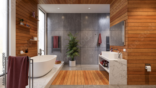 Tableau sur toile Luxurious modern bathroom with bathtub and marble vanity