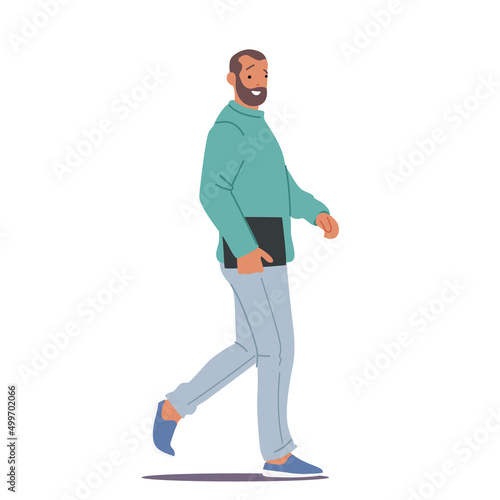 Mature Male Character Passerby Walk on City Street, Bearded Modern Man With Handbag Go at Work or Walking, Businessman
