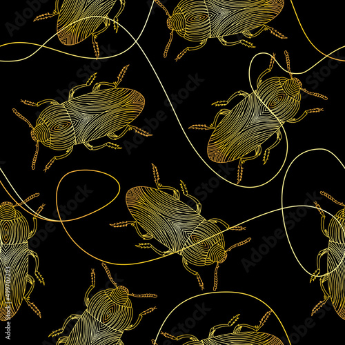 Seamless pattern with golden beetles and chains. Golden pattern with beetles. Vector illustration