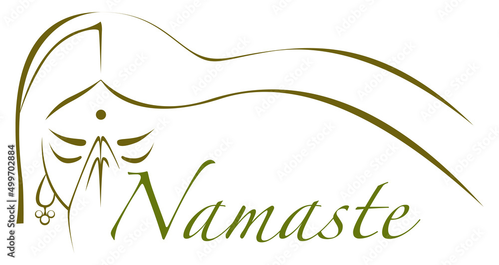 Illustration of indian woman with joined hands praying with the text namaste - obrazy, fototapety, plakaty 