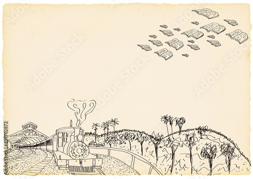Drawing of a train station and books flying like birds (ID: 499702872)