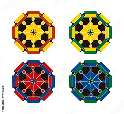 Mandala with geometric shapes in red, yellow, green and blue (ID: 499702878)