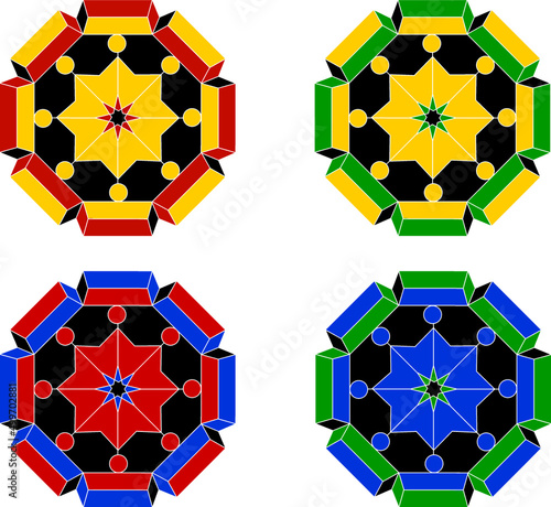 Mandala with geometric shapes in red, yellow, green and blue (ID: 499702881)