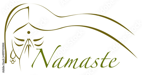 Illustration of indian woman with joined hands praying with the text namaste