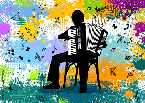 The boy plays the accordion. Vector illustration