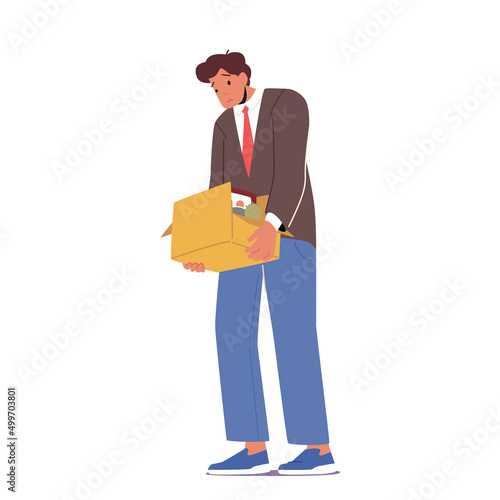 Frustrated Male Employee Fired From Job. Sad Man with Belongings in Box Isolated on White Background. Manager Dismissal