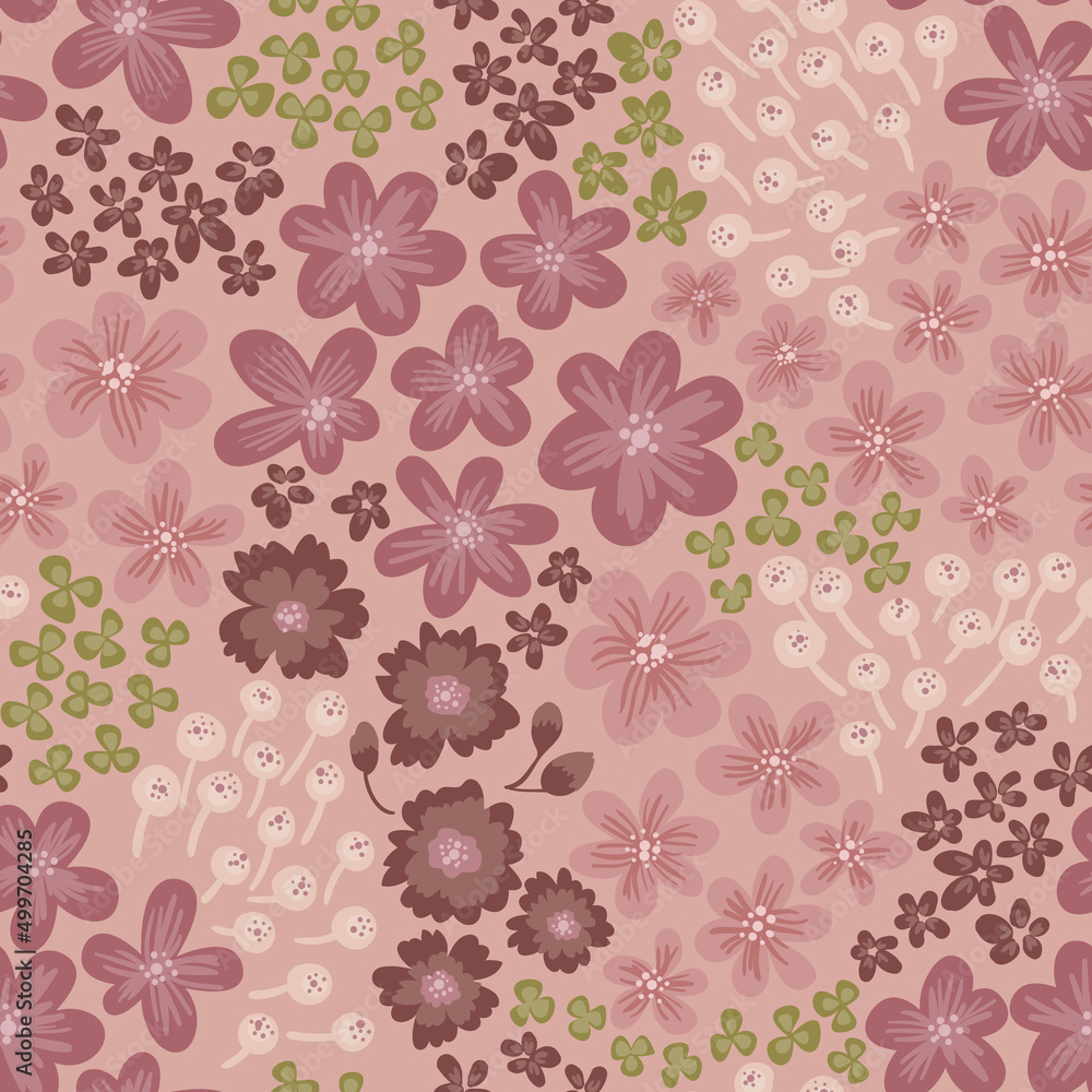A simple delicate pattern of flowers and leaves in pink, brown, coffee tones. Modern vector floral texture. Summer meadow in soft pastel colors. Seamless pattern for fashionable prints A simple delicate pattern of flowers and leaves in pink, brown, coffee tones. Modern vector floral texture. Summer meadow in soft pastel colors. Seamless pattern for fashionable prints
