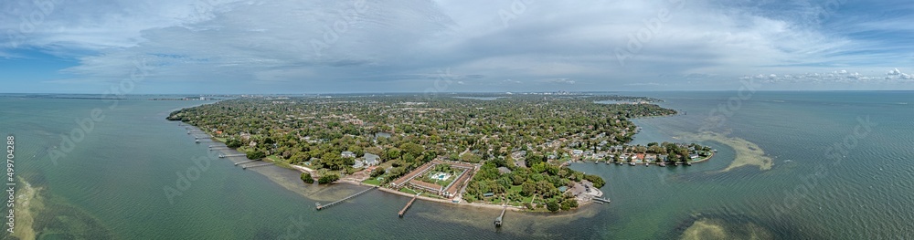 Drone panorama over Bay Vista Park and Point Pinellas in St. Petersburg in Florida during daytime with clear weather and sunshine