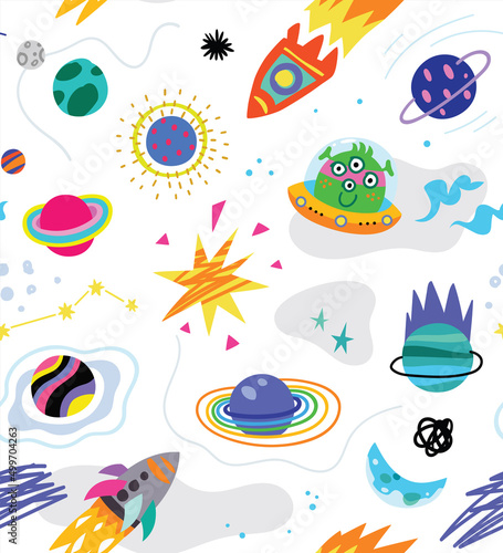 Space and planets seamless pattern. Vector illustration