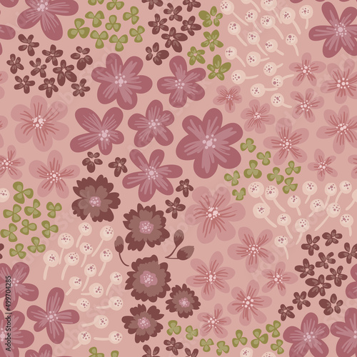 A simple delicate pattern of flowers and leaves in pink  brown  coffee tones. Modern vector floral texture. Summer meadow in soft pastel colors. Seamless pattern for fashionable prints