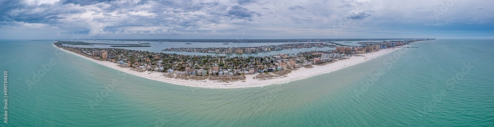 Drone panorama over Clearwater beach in Florida at daytime with cloudy skies