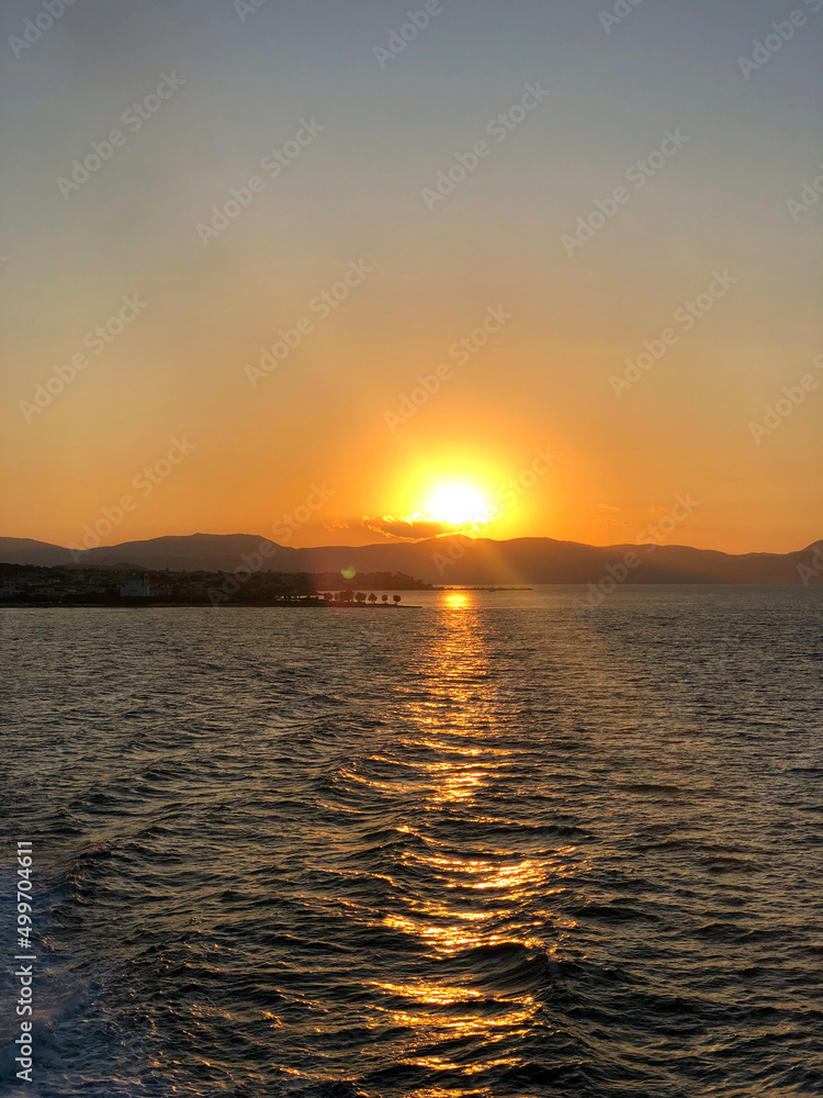 Golden Beautiful sunset at the seaside, Greece