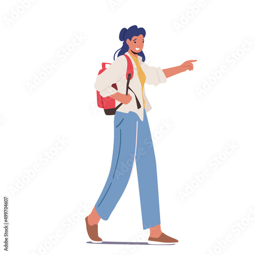 Student Teenager Female Character With Backpack Walk, Promenade Isolated on White Background. Young Woman Passerby