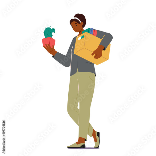 Sad Fired Girl with Box and Cactus in Pot Leaving Job Isolated on White Background. Woman Employee Dismiss From Job