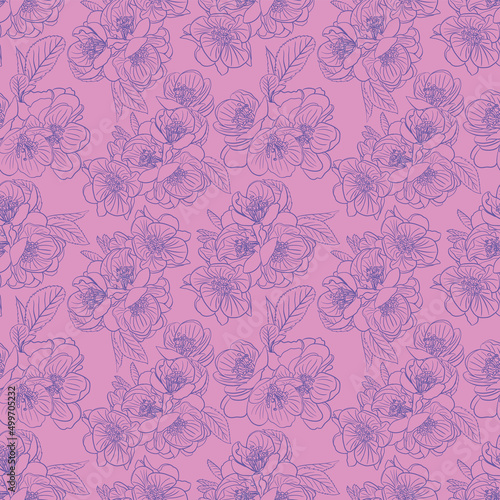 Vector seamless cute pattern of Japanese quince flowers. Silhouettes of purple flowers on a lilac background. A gentle spring illustration. Hand-drawn in sketch style. Pattern for fashionable prints