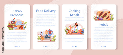 Kebab street food mobile application banner set. Chef cooking delicious