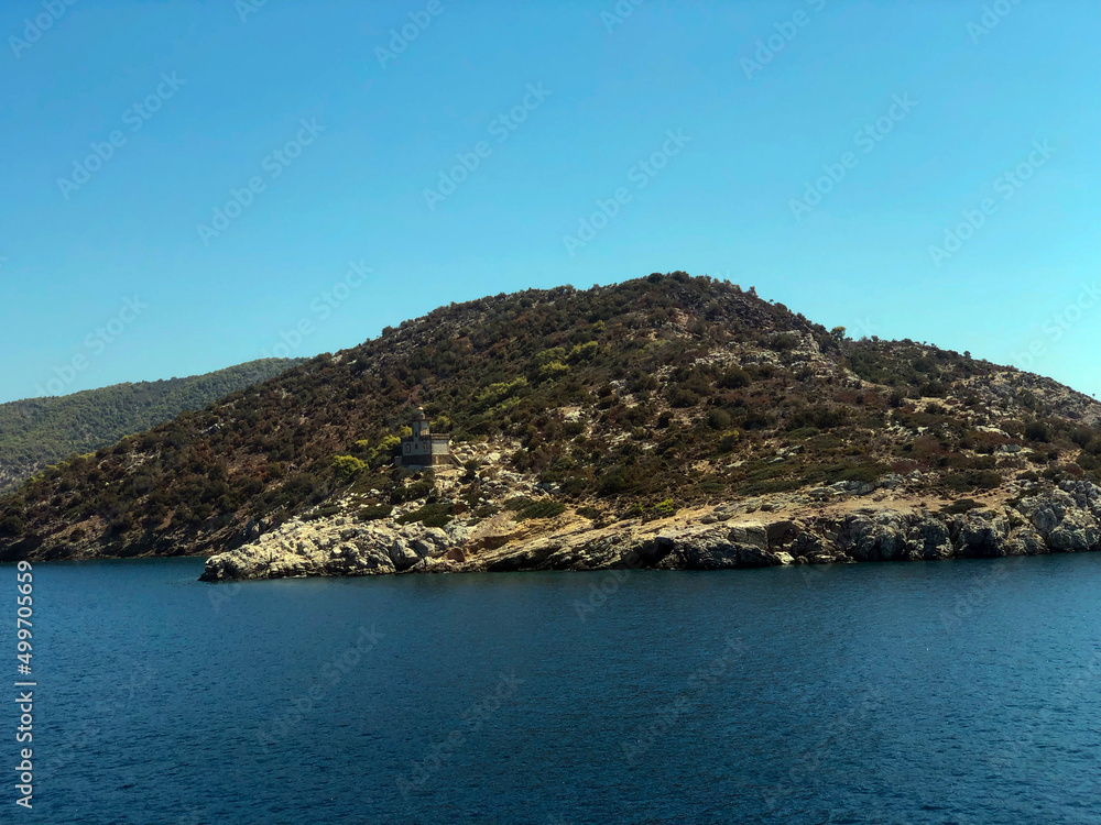 Summer Travel Vacation. View On Beautiful Beach On Greece Shore. Summer Travel Vacation. View On Beautiful Beach On Greece Shore.