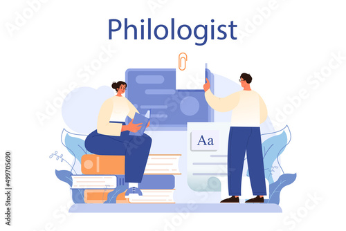 Philologist concept. Scientific study of language, its history