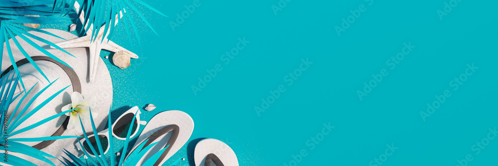 White summer accessories with starfish and palm leaf on turquoise blue background. Summer travel concept. 3D Rendering, 3D Illustration	 - obrazy, fototapety, plakaty 