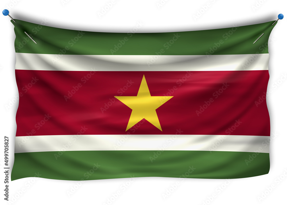 Obraz premium Official flag of Suriname. Patriotic symbol, banner, element, background. The right colors. Wavy flag of Suriname with really detailed fabric texture, exact size, illustration, 3D, pin